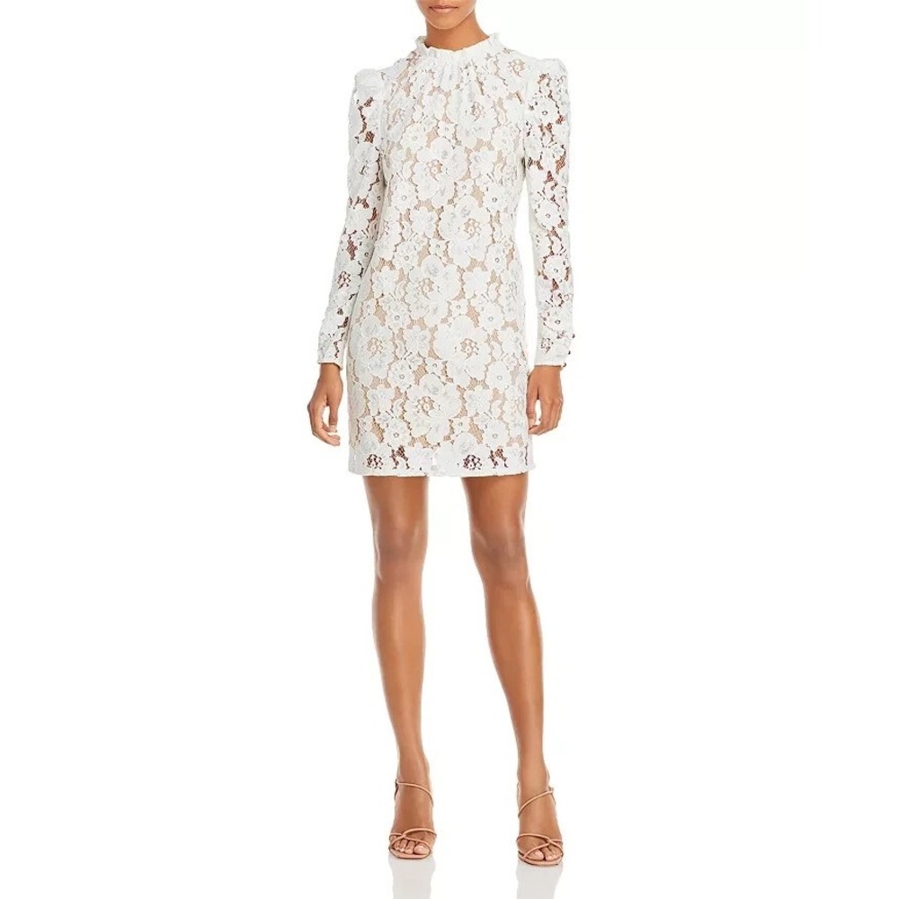 WAYF Ivory Floral Lace Puff Sleeve Ruffle Neck Mini Dress Small 91799WCH-L45